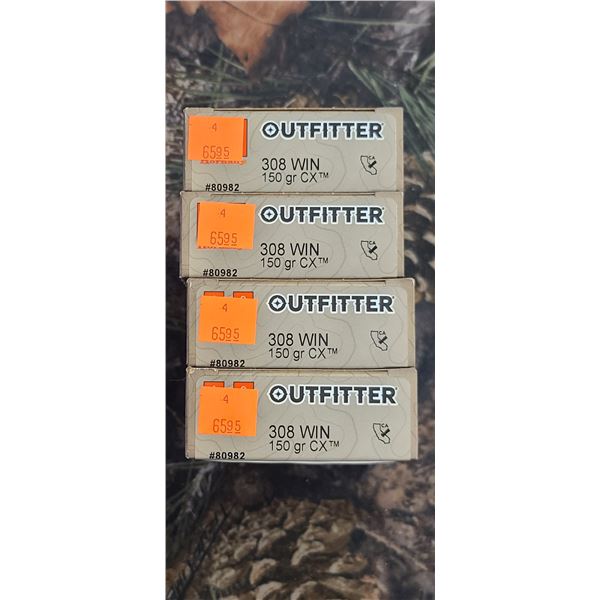 4 BOXES 308 WIN, HORNADY OUTFITTER CX 150 GRAIN 20 ROUNDS PER BOX NO SHIPPING ON AMMUNTION