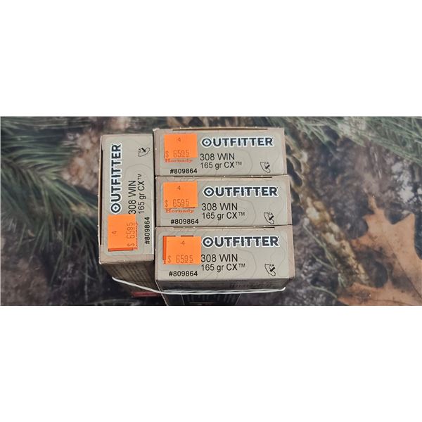 4 BOXES 308 WIN, HORNADY OUTFITTER CX 165 GRAIN 20 ROUNDS PER BOX NO SHIPPING ON AMMUNTION