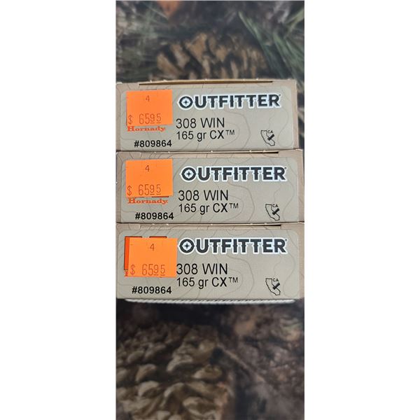 3 BOXES 308 WIN, HORNADY OUTFITTER CX 165 GRAIN 20 ROUNDS PER BOX NO SHIPPING ON AMMUNTION