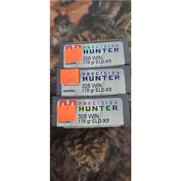 3 BOXES 308 WIN, HORNADY PRECISION HUNTER ELD-X 178 GRAIN 20 ROUNDS PER BOX NO SHIPPING ON AMMUNTION