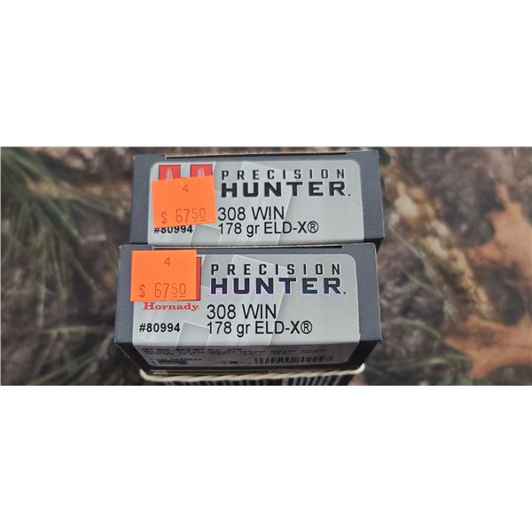 2 BOXES 308 WIN, HORNADY PRECISION HUNTER ELD-X 178 GRAIN 20 ROUNDS PER BOX NO SHIPPING ON AMMUNTION