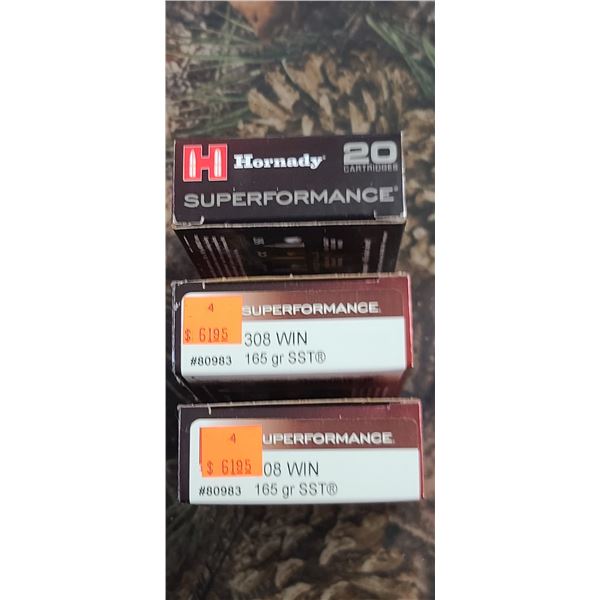 3 BOXES 308 WIN, HORNADY SUPERFORMANCE SST 165 GRAIN 20 ROUNDS PER BOX NO SHIPPING ON AMMUNTION