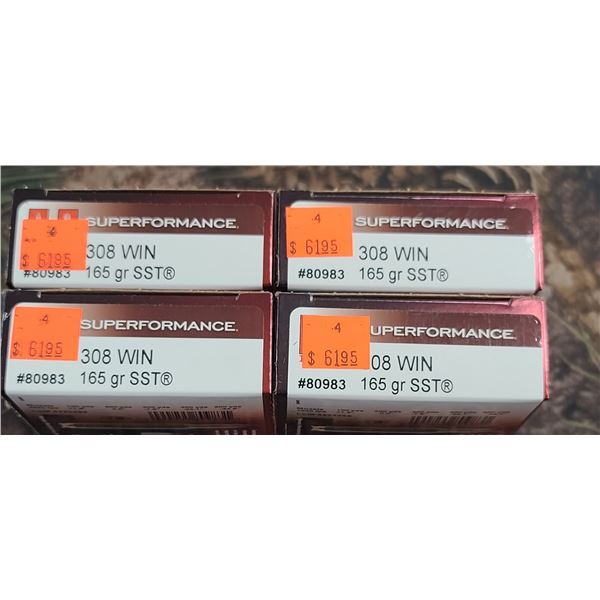4 BOXES 308 WIN, HORNADY SUPERFORMANCE SST 165 GRAIN 20 ROUNDS PER BOX NO SHIPPING ON AMMUNTION