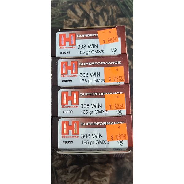 4 BOXES 308 WIN. HORNADY SUPERFORMANCE GMX 165 GRAIN, 20 ROUNDS PER BOX NO SHIPPING ON AMMUNTION