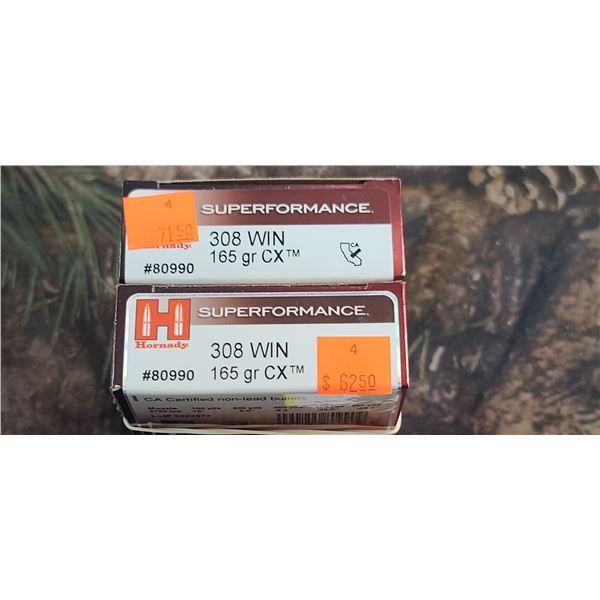 2 BOXES 308 WIN. HORNADY SUPERFORMANCE GMX 165 GRAIN, 20 ROUNDS PER BOX NO SHIPPING ON AMMUNTION