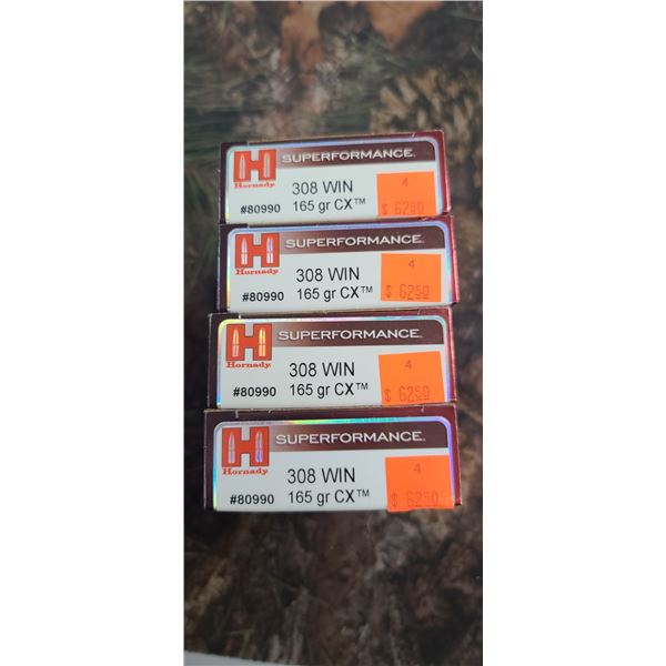 4 BOXES 308 WIN. HORNADY SUPERFORMANCE GX 165 GRAIN, 20 ROUNDS PER BOX NO SHIPPING ON AMMUNTION