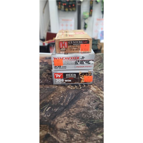 1 BOX OF 308 WIN. HORNADY CUSTOM LITE SST 125 GRAIN, 1 BOX 308 WIN. WINCHESTER DEER SEASON XP 150 GR