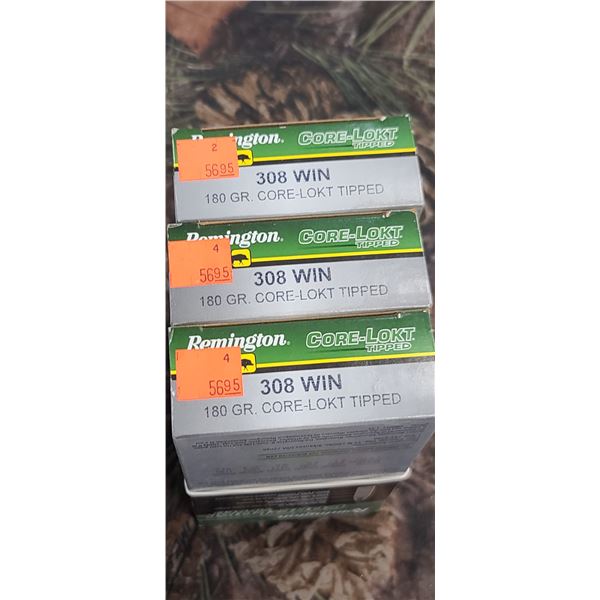 4 BOXES 308 WIN. REMINGTON CORE-LOKT TIPPED 180 GRAIN 20 ROUNDS PER BOX NO SHIPPING ON AMMUNTION
