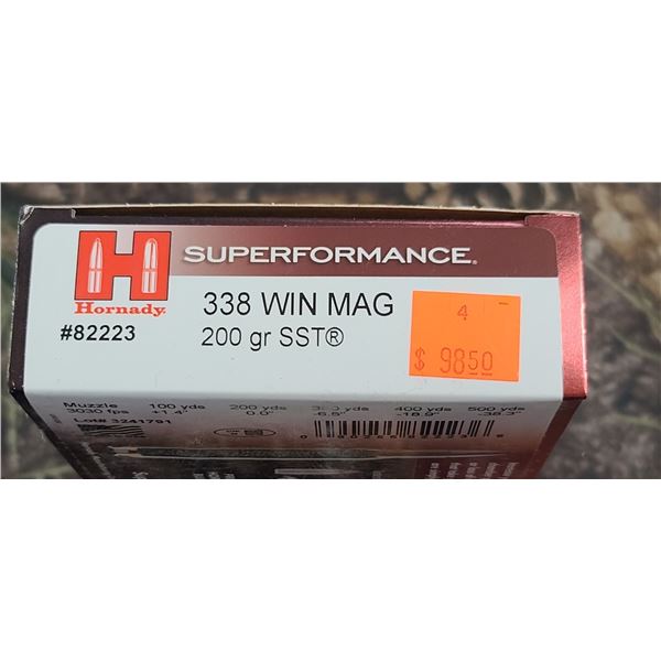1 BOX 338 WIN.MAG. HORNADY SUPERFORMANCE SST 200 GRAIN 20 ROUNDS PER BOX NO SHIPPING ON AMUUNTION