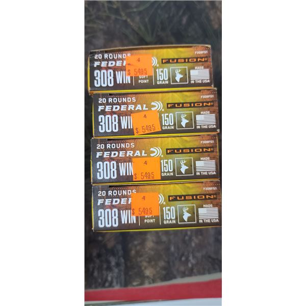 4 BOXES 308 WIN FEDERAL FUSION BONDED SOFT POINT 150 GRAIN 20 ROUNDS PER BOX NO SHIPPING ON AMMUNTIO