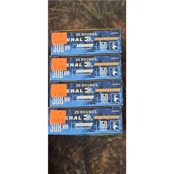 4 BOXES 308 WIN FEDERAL POWER SHOK JACKETED  SOFT POINT 150 GRAIN 20 ROUNDS PER BOX NO SHIPPING ON A