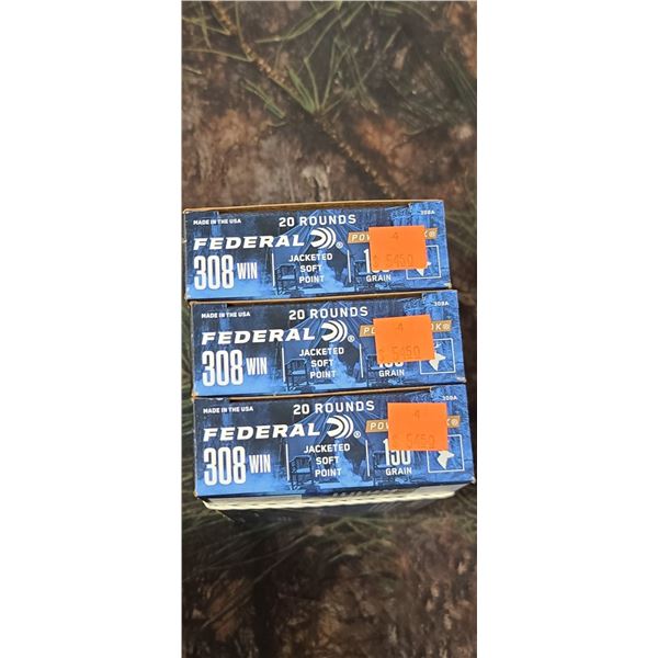 3 BOXES 308 WIN FEDERAL POWER SHOK JACKETED  SOFT POINT 150 GRAIN 20 ROUNDS PER BOX NO SHIPPING ON A