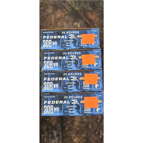 4 BOXES 308 WIN FEDERAL POWER SHOK JACKETED  SOFT POINT 150 GRAIN 20 ROUNDS PER BOX NO SHIPPING ON A