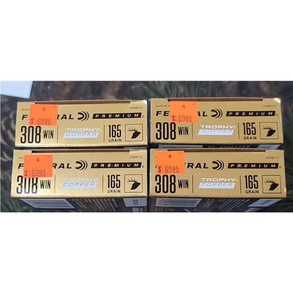 4 BOXES 308 WIN FEDERALPREMIUM TROPHY COPPER 165 FRAIN 20 ROUNDS PE BOX NO SHIPPING ON AMMUNTION