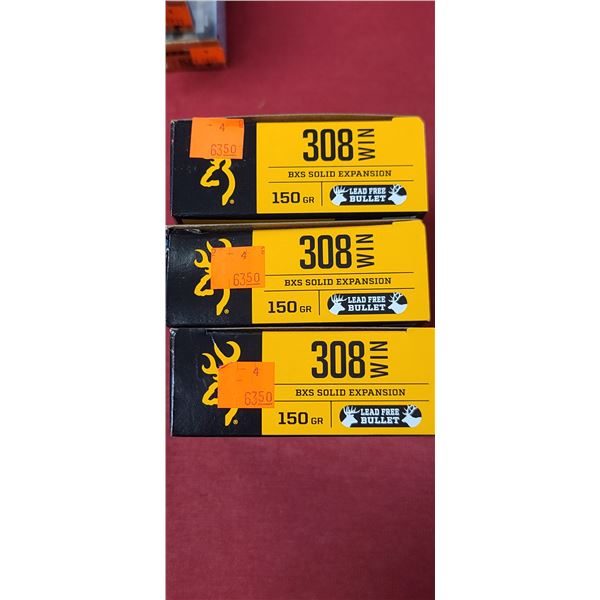 3 BOXES 308 WIN. BROWNING BXS SOLID EXPANSION, LEAD FREE, 150 GRAIN 20 ROUNDS PER BOX NO SHIPPING ON