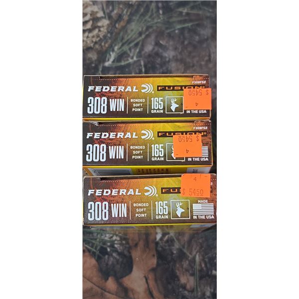 3 BOXES 308 WIN. FEDERAL FUSION BONDED SOFT POINT 165 GRAIN 20 ROUNDS PER BOX NO SHIPPING ON AMMO