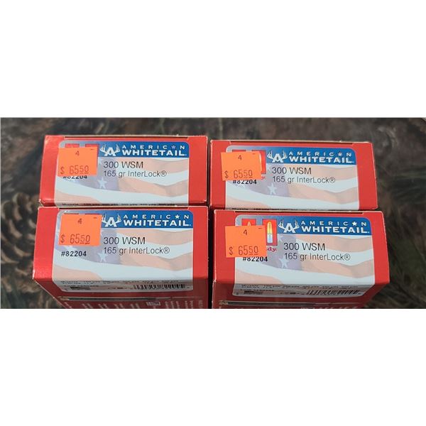4 BOXES OF .300WSM, HORNADYAMERICAN WHITETAIL INTERLOCK, 165GR.