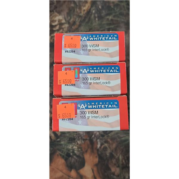 3 BOXES OF .300WSM, HORNADY AMERICAN WHITETAIL, ITERLOCK, 165GR