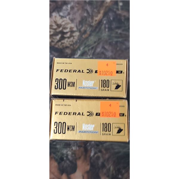 2 BOXES 300 WSM, FEDERAL PREMIUM NOSLER PARTITION 180 GRAIN 20 ROUNDS PER BOX NO SHIPPING ON AMMUNTI