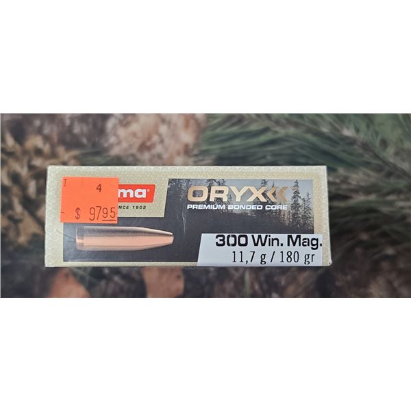 1 BOX 300 WIN MAG. NORMA ORYX PREMIUM BONDED CORE 180 GRAIN 20 ROUNDS PER BOX NO SHIPPING ON AMMUNTI
