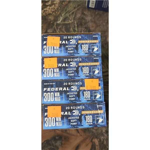 4 BOXES 300 WIN. MAG. FEDERAL POWER-SHOK, JACKETED SOFT POINT, 180 GRAIN 20 ROUNDS PER BOX NO SHIPPI
