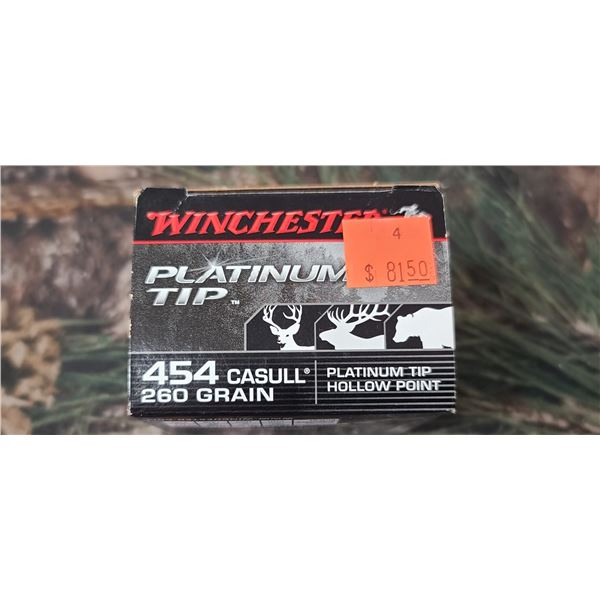 1 BOX 454 CASULL, WINCHESTER PLATINUM TIP HOLLOW POINT, 260 GRAIN 20 ROUNDS PER BOX NO SHIPPING ON A