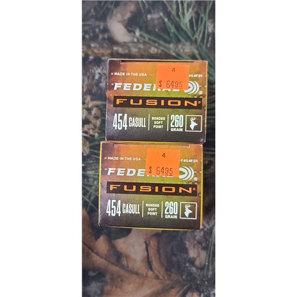 2 BOXES 454 CASULL, FEDERAL FUSION, BONDED SOFT POINT 260 GRAIN 20 ROUNDS PER BOX NO SHIPPING ON AMM