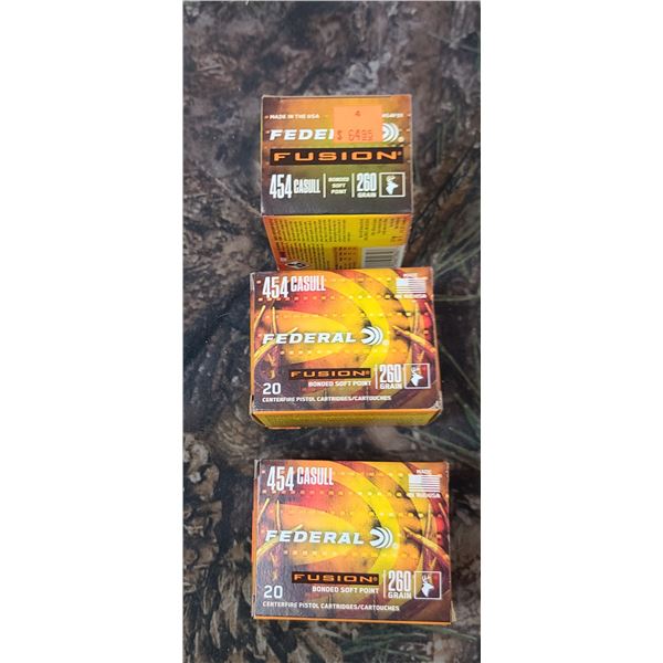 3 BOXES 454 CASULL, FEDERAL FUSION, BONDED SOFT POINT 260 GRAIN 20 ROUNDS PER BOX NO SHIPPING ON AMM