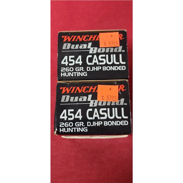 2 BOXES 454 CASULL WINCHESTER SUPREME ELITE DUAL BOND, DJHP, BONDED 260 GRAIN, 20 ROUNDS PER BOX NO 