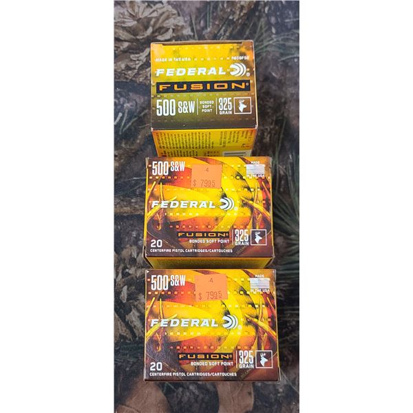 3 BOXES 500 S&W, FEDERAL FUSION, BONDER SOFT POINT, 325 GRAIN 20 ROUNDS PER BOX NO SHIPPING ON AMMUN
