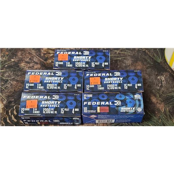 5 BOXES FEDERAL 12 GAUGE 1 3/4" #4 SHORTY SHOTSHELLS 1200 FPS, 15 PELLETS, 10 ROUNDS PER BOX 50 ROUN