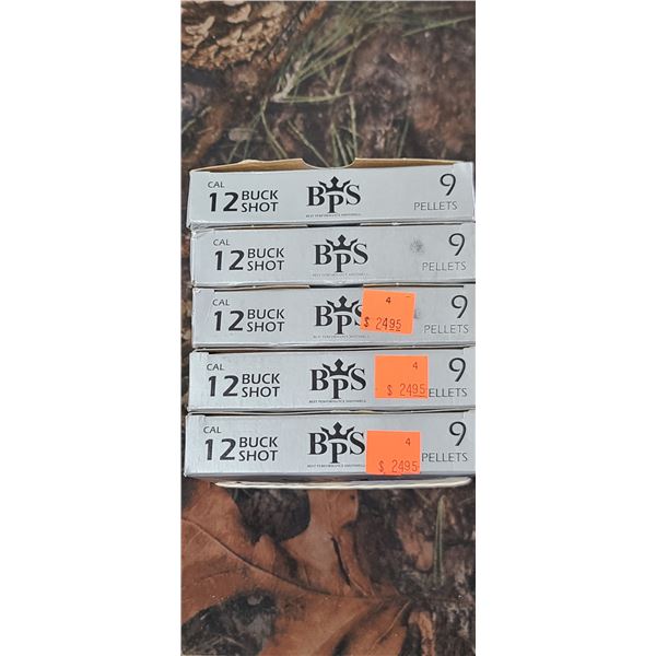 5 BOXES BPS 12 GAUGE 2 3/4" 00BUCK, 1 1/5oz 34GR, 9 PELLETS, 10 ROUNDS PER BOX 50 ROUNDS TOTAL NO SH