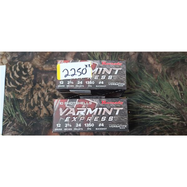 2 BOXES HORNADY 12 GAUGE 2 3/4" #4 VARMINT EXPRESS FT. VERSATITE WAD, 24 PELLETS 1350FPS 10 ROUNDS P