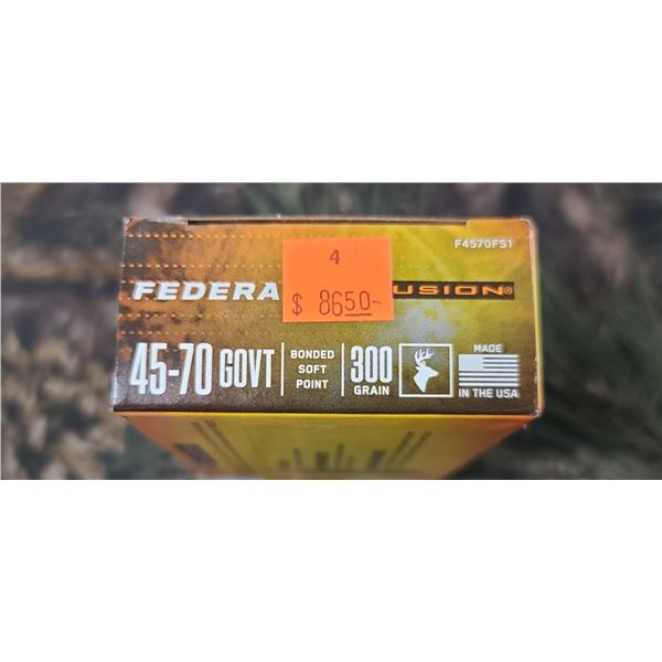 1 BOX 45-70 GOVERNMENT, FEDERAL FUSION BONDED SOFT POINT, 300 GRAIN 1900FPS, 20 ROUNDS PER BOX NO SH