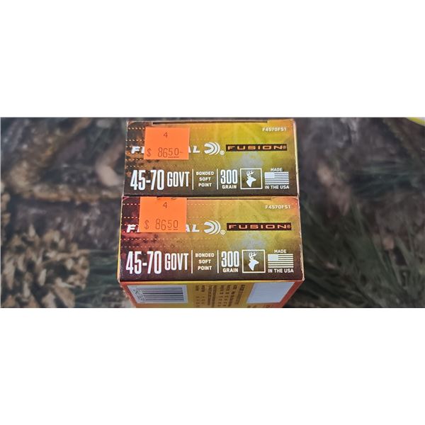 2 BOXES 45-70 GOVERNMENT, FEDERAL FUSION BONDED SOFT POINT, 300 GRAIN 1900FPS, 20 ROUNDS PER BOX NO 