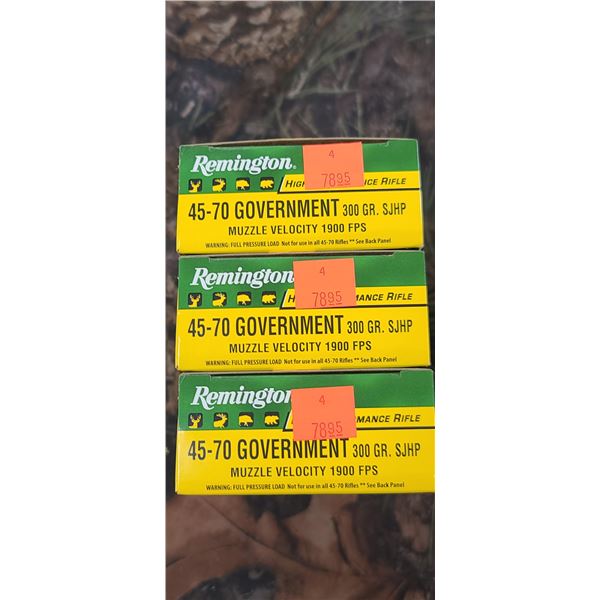 3 BOXES 45-70 GOVERNMENT, REMINGTON HIGH PREFORMANCE RIFLE, SJHP, 300 GRAIN 1900FPS, 20 ROUNDS PER B