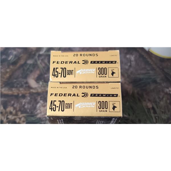 2 BOXES 45-70 GOVERNMENT, FEDERAL PREMIUM HAMMER DOWN, 300 GRAIN, 20 ROUNDS PER BOX NO SHIPPING ON A