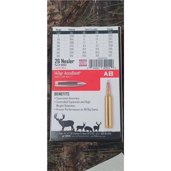 1 BOX 26 NOSLER, NOSLER TROPHY GRADE ACCU-BOND 140 GRAIN 20 ROUNDS PER BOX NO SHIPPING ON AMMUNTION