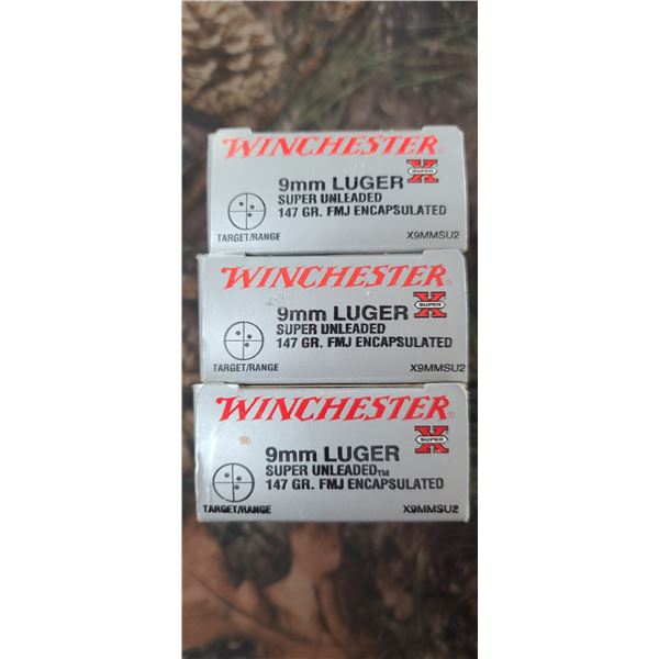 3 BOXES 9MM LUGER WINCHESTER SUPER X UN-LEADED, FMJ ENCAPSULATED 147 GRAIN 50 ROUNDS PER BOX NO SHIP