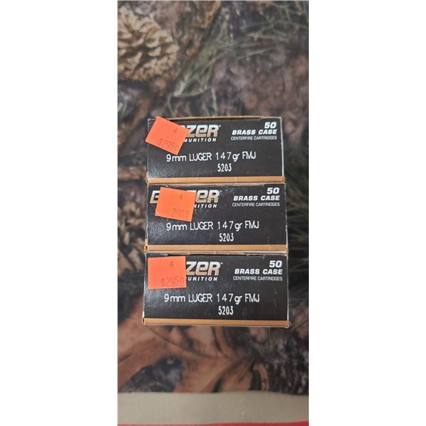 3 BOXES 9MM LUGER , BLASER BRASS CASE, FMT 147 GRAIN 50 ROUNDS PER BOX NO SHIPPING ON AMMUNTION