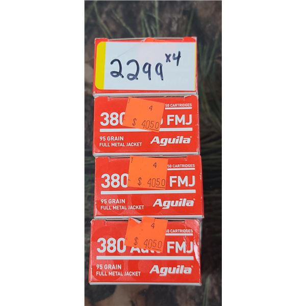 4 BOXES 380 AUTO FMJ, AGUILA, FULL METAL JACKET, 95 GRAIN, 50 ROUNDS PER BOX NO SHIPPING ON AMMUNTIO