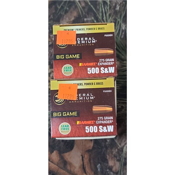 2 BOXES 500 S&W FEDERAL PREMIUM BARNES EXPANDER, 275 GRAIN, BIG GAME LEAD FREE 20 ROUNDS PER BOX NO 