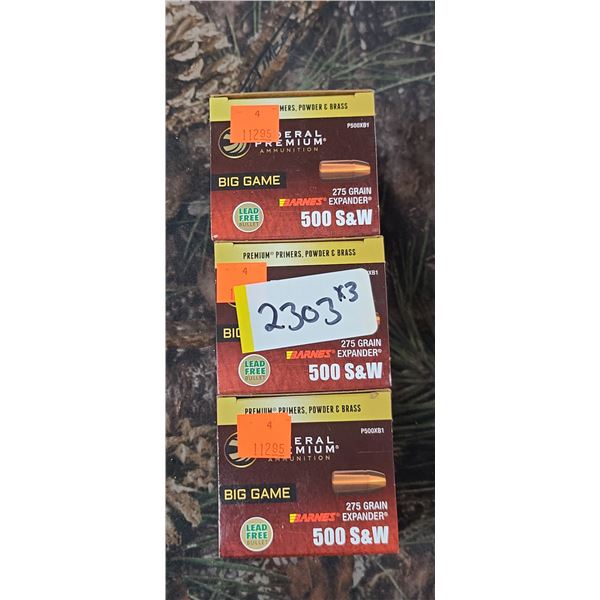 3 BOXES 500 S&W, FEDERAL PREMIMUM BARNES EXPANDER, 275 GRAIN BIG GAME, LEAD FREE 20 ROUNDS PER BOX N
