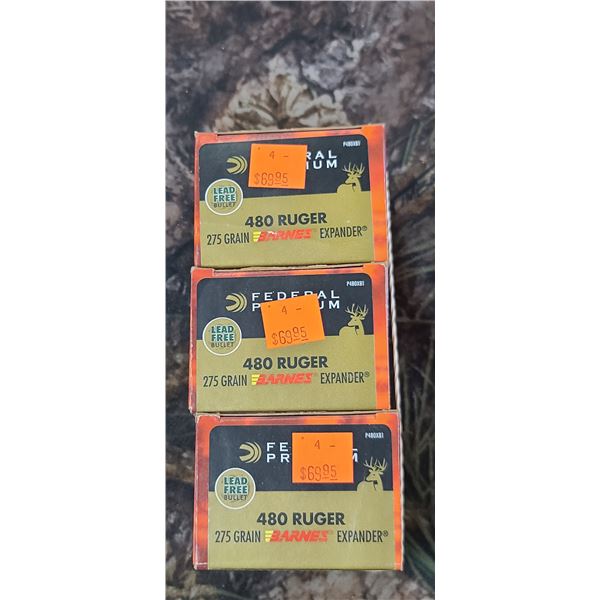 3 BOXES 480 RUGER, FEDERAL PREMIUM BARNES EXPANDER, 275 GRAIN, LEAD FREE 20 ROUNDS PER BOX NO SHIPPI