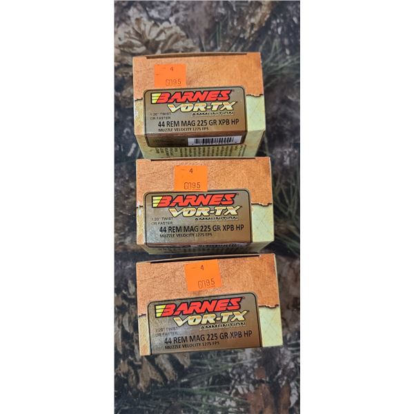 3 BOXES 44 REM. MAG. BARNES VOR-TX XPB LIP. 225 GRAIN 1275FPS, 20 ROUNDS PER BOX NO SHIPPING ON AMMU