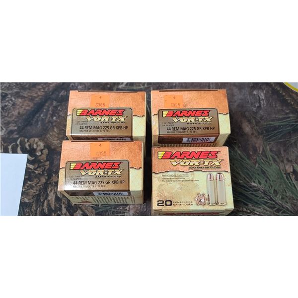 4 BOXES 44 REM. MAG. BARNES VOR-TX XPB LIP. 225 GRAIN 1275FPS, 20 ROUNDS PER BOX NO SHIPPING ON AMMU