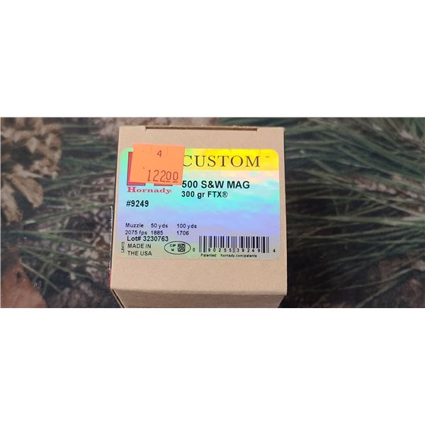 1 BOX 500 S&W MAG. HORNADY CUSTOM FTX 300 GRAIN 2075 FPS, 20 ROUNDS PER BOX NO SSHIPPING ON AMMUNTIO
