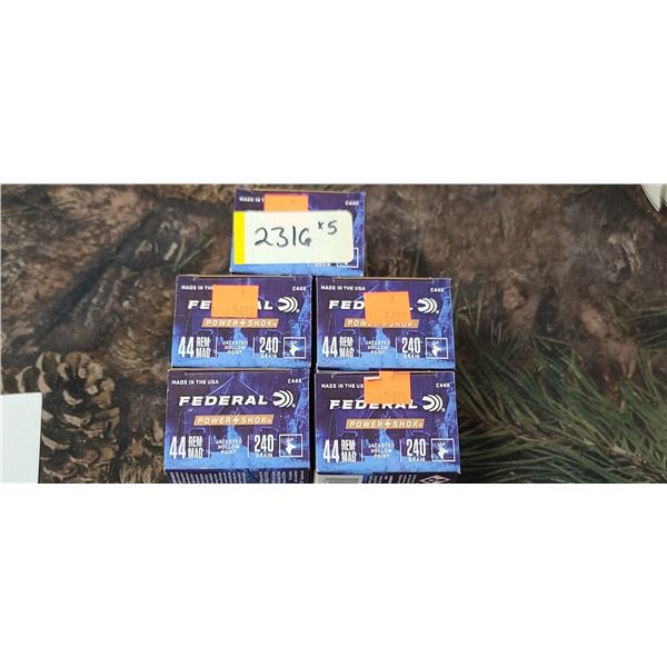 5 BOXES 44 REM. MAG. FEDERAL POWER-SHOK JACKETED HOLLOW POINT 240 GRAIN 20 ROUNDS PER BOX NO SHIPPIN