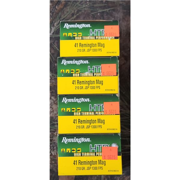4 BOXES 41 REM. MAG. REMINGTON HTP, JSP, 210 GRAIN , 20 ROUNDS PER BOX NO SHIPPING ON AMMUNTION