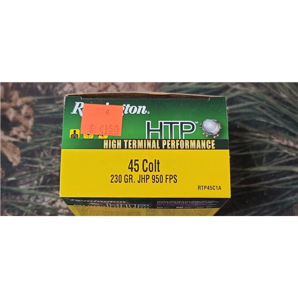 1 BOX 45 COLT REMINGTON HTP, JHP, 230 GRAIN 950FPS, 20 ROUNDS PER BOX NO AHIPPING ON AMMUNTION